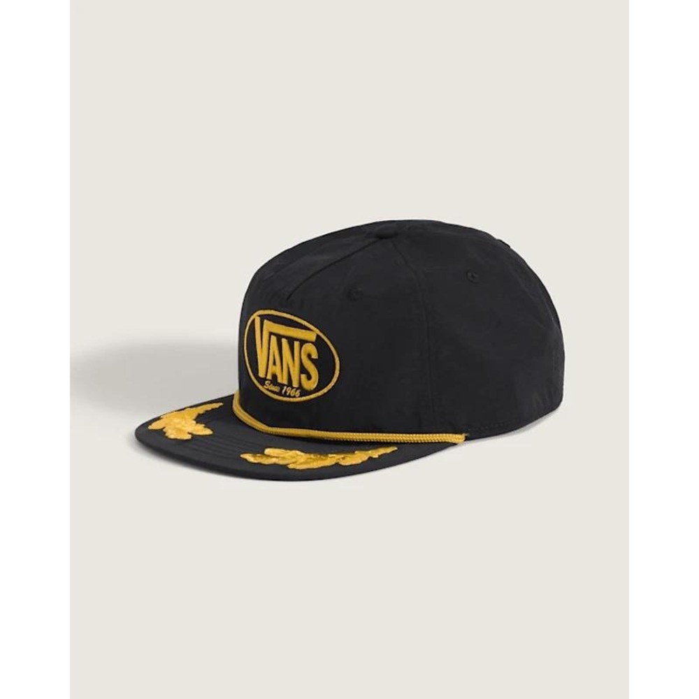 Vans black cap with gold embroidered logo and rope trim
